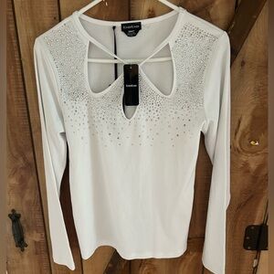 NWT BEBE Open Cut Rhinestone Long Sleeve Blouse White Size Large